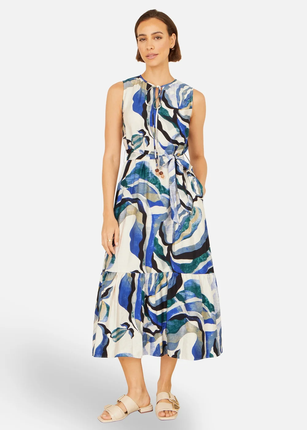 Yumi Blue Viscose Swirl Print Midi Dress - 10 Image 1