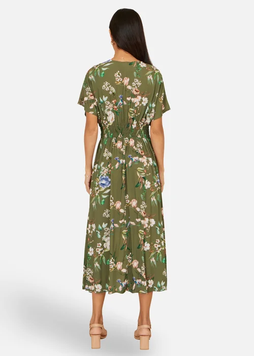 Yumi Sage Green Viscose Floral Print Ruched Waist Kimono Midi Dress - 12 Image 2
