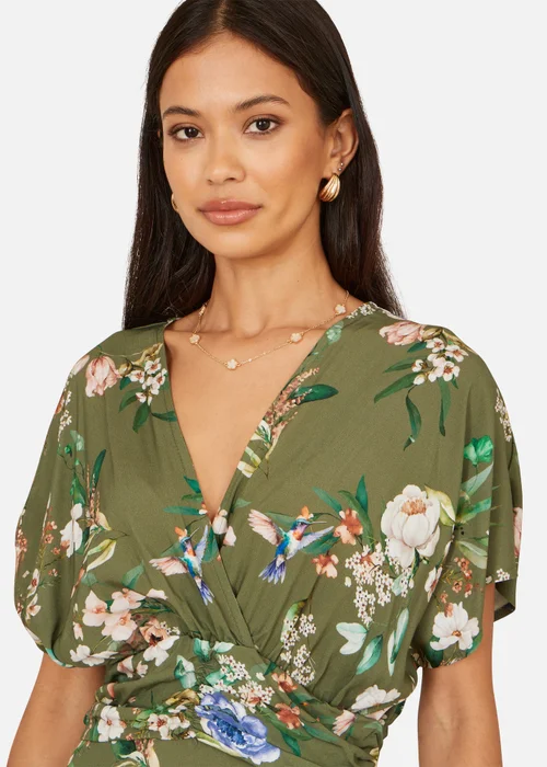 Yumi Sage Green Viscose Floral Print Ruched Waist Kimono Midi Dress - 12 Image 3