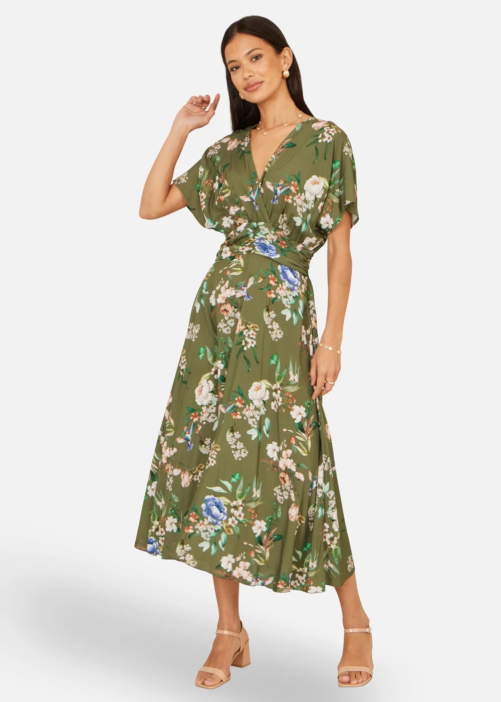 Yumi Sage Green Viscose Floral Print Ruched Waist Kimono Midi Dress - 12 Image 1
