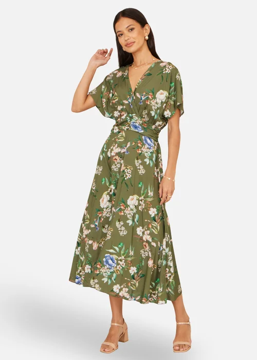 Yumi Sage Green Viscose Floral Print Ruched Waist Kimono Midi Dress - 12 Image 1