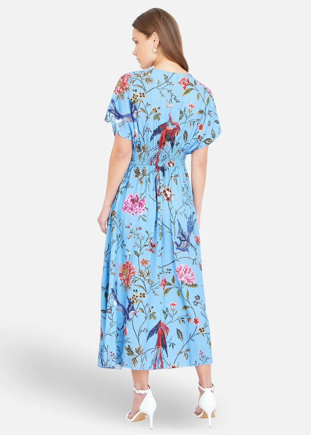 Yumi Viscose Bird & Floral Print Ruched Waist Kimono Midi Dress - 16 Image 2