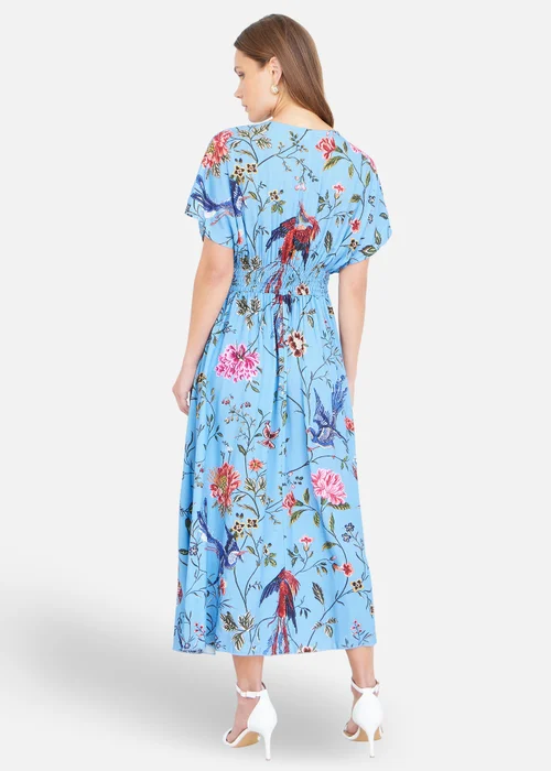 Yumi Viscose Bird & Floral Print Ruched Waist Kimono Midi Dress - 16 Image 2