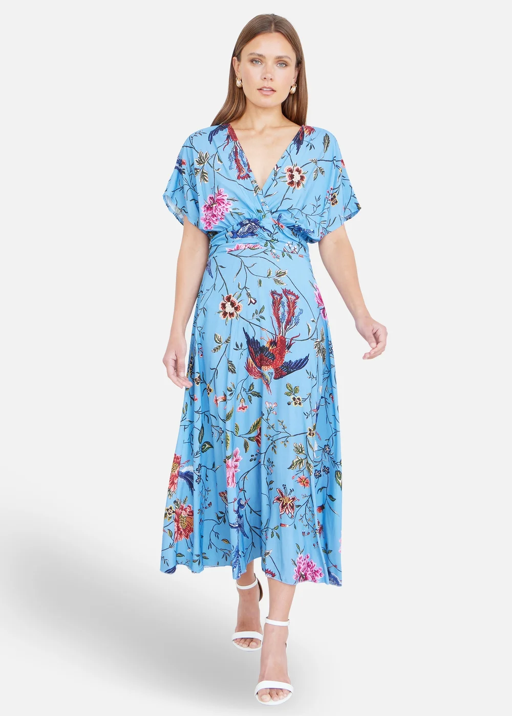 Yumi Viscose Bird & Floral Print Ruched Waist Kimono Midi Dress - 16 Image 1
