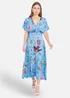 Yumi Viscose Bird & Floral Print Ruched Waist Kimono Midi Dress - 16 Image 1