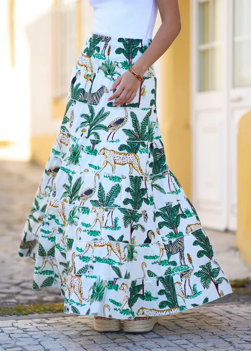 Yumi White Animal Print Cotton Tiered Maxi Skirt - L Image 1