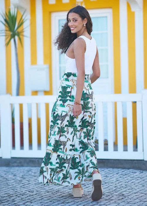 Yumi White Animal Print Cotton Tiered Maxi Skirt - L Image 2