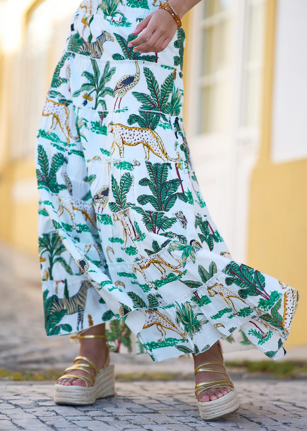 Yumi White Animal Print Cotton Tiered Maxi Skirt - L Image 3