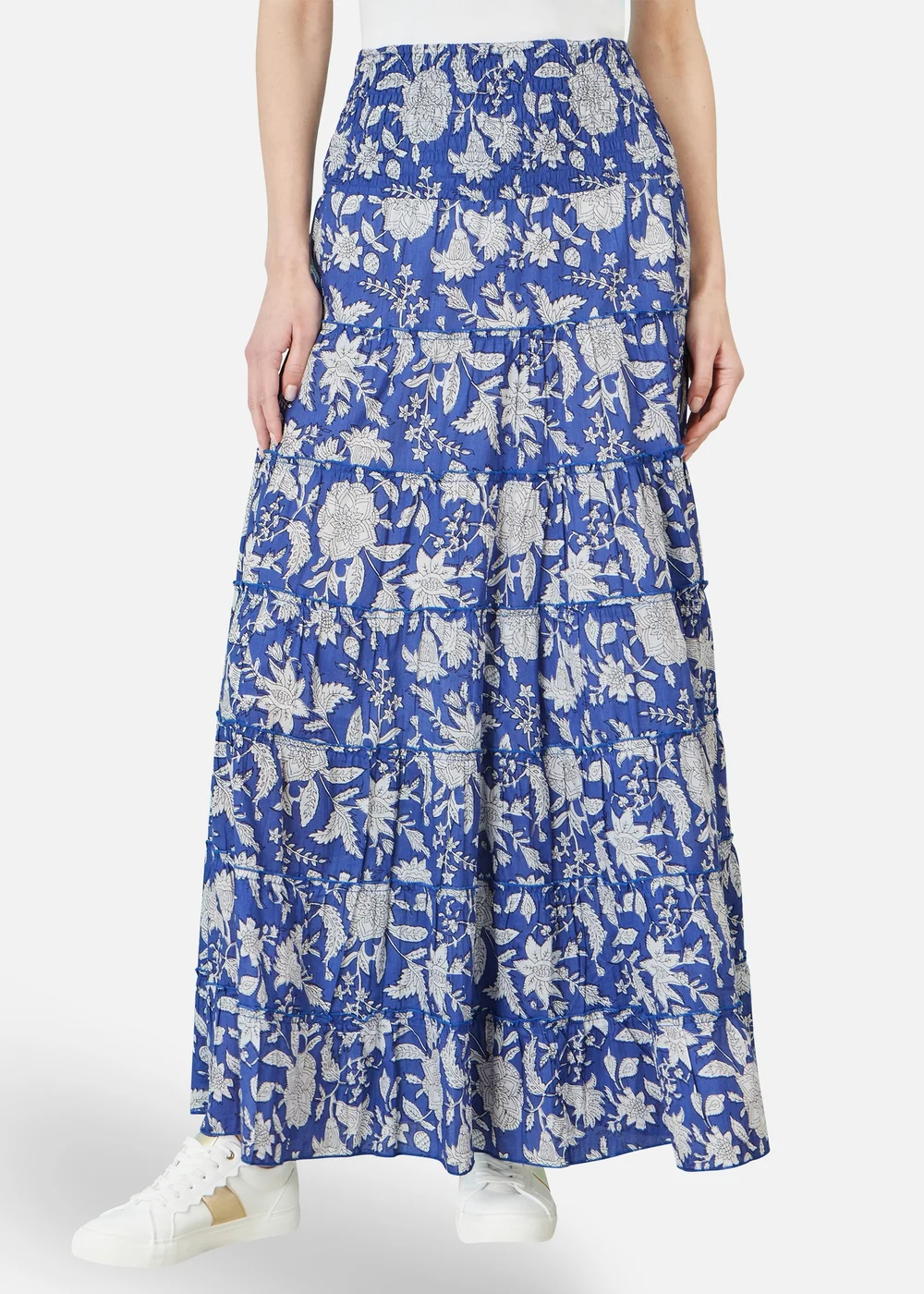 Yumi Blue Floral Cotton Tiered Maxi Skirt - L Image 1
