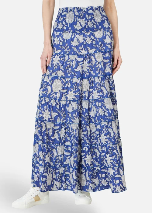 Yumi Blue Floral Cotton Tiered Maxi Skirt - L Image 1