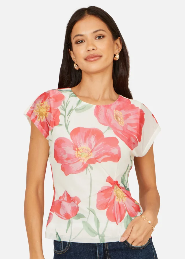 Yumi Ivory Poppy Print Mesh Top