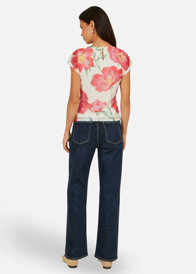 Yumi Ivory Poppy Print Mesh Top