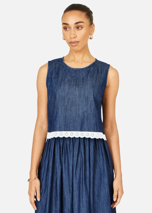 Yumi Blue Cotton Chambray Top With Lace Trims - 10 Image 1