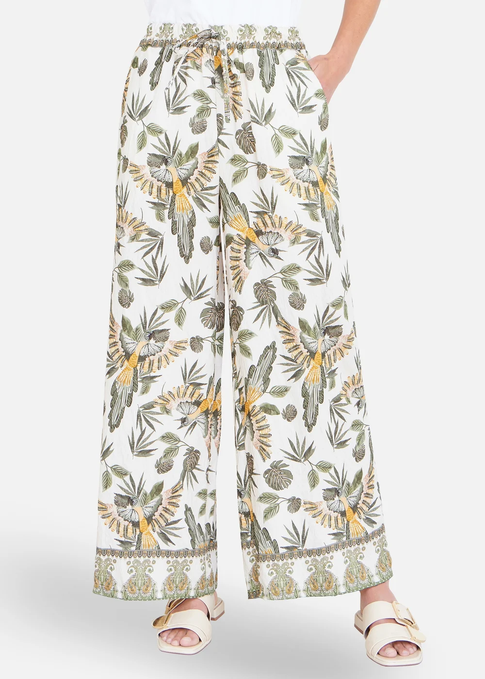 Yumi Green Bird Print Viscose Wide Leg Trousers - S Image 1
