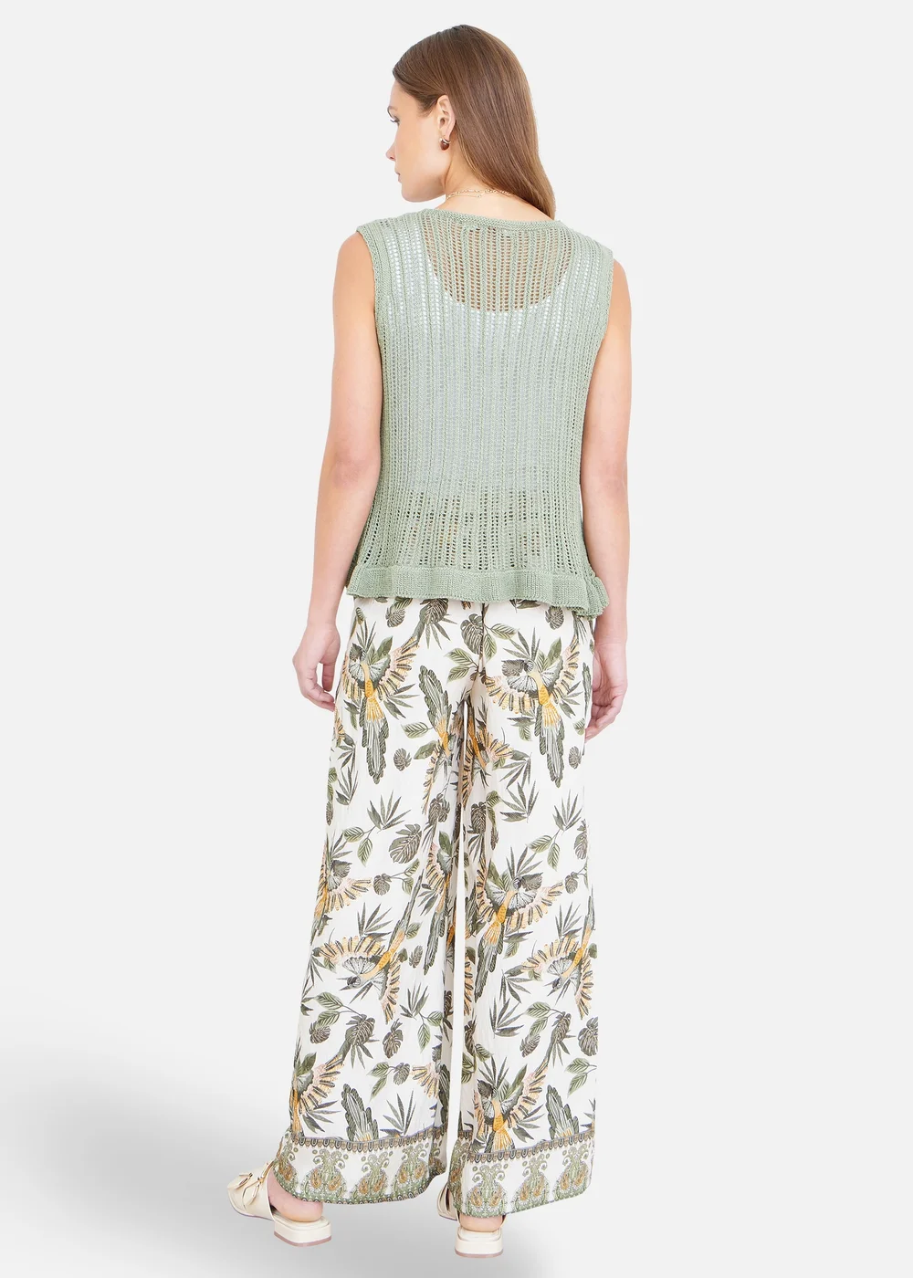 Yumi Green Bird Print Viscose Wide Leg Trousers - S Image 2