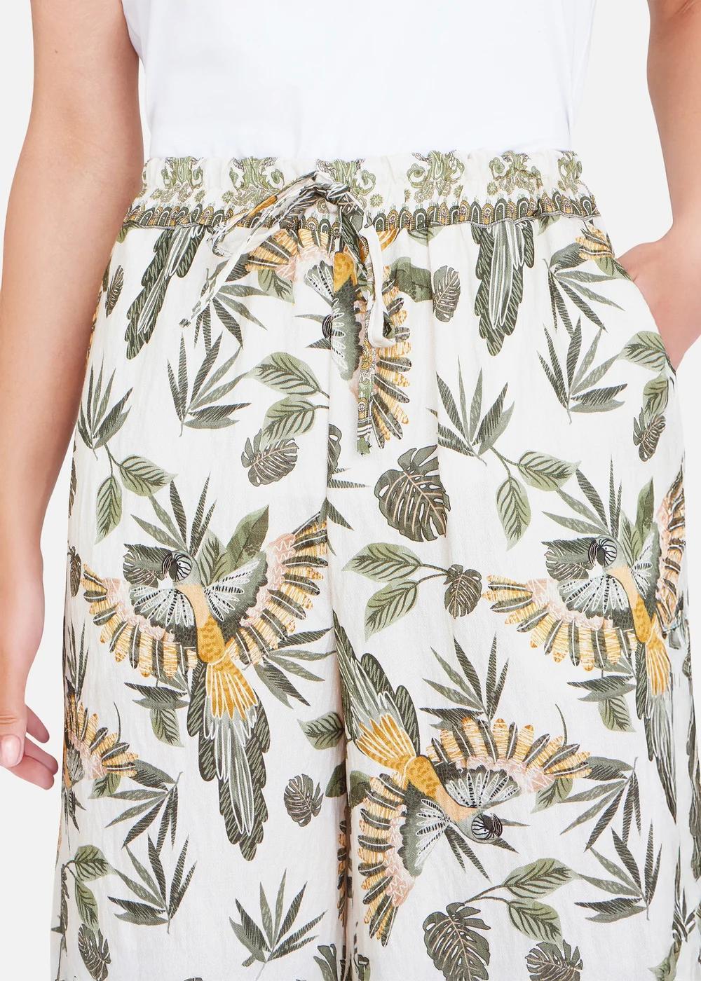 Yumi Green Bird Print Viscose Wide Leg Trousers - S Image 3