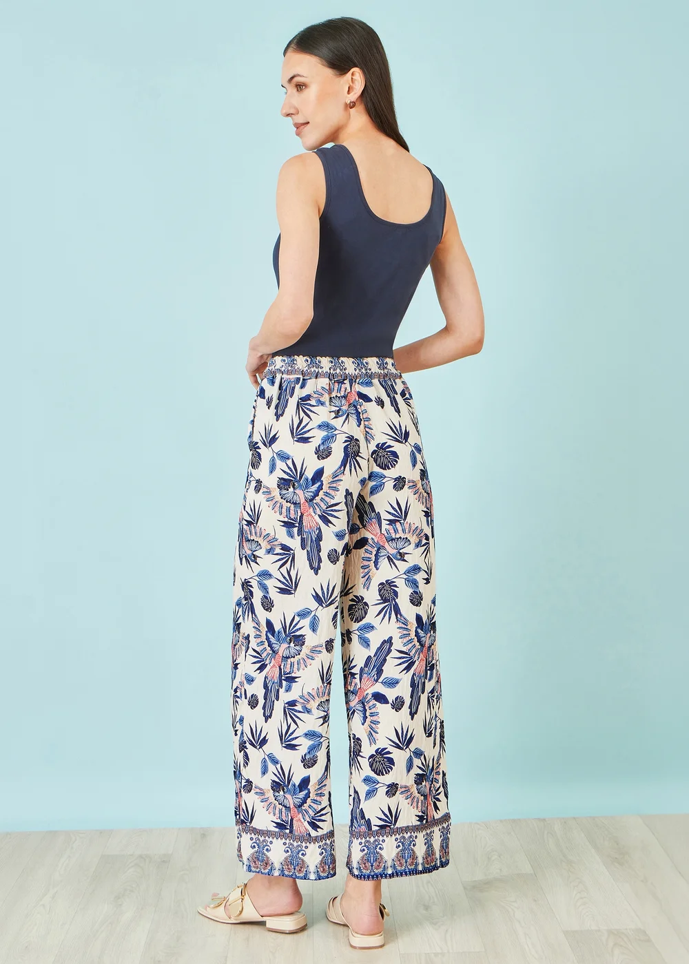 Yumi Blue Bird Print Viscose Wide Leg Trousers - M Image 2