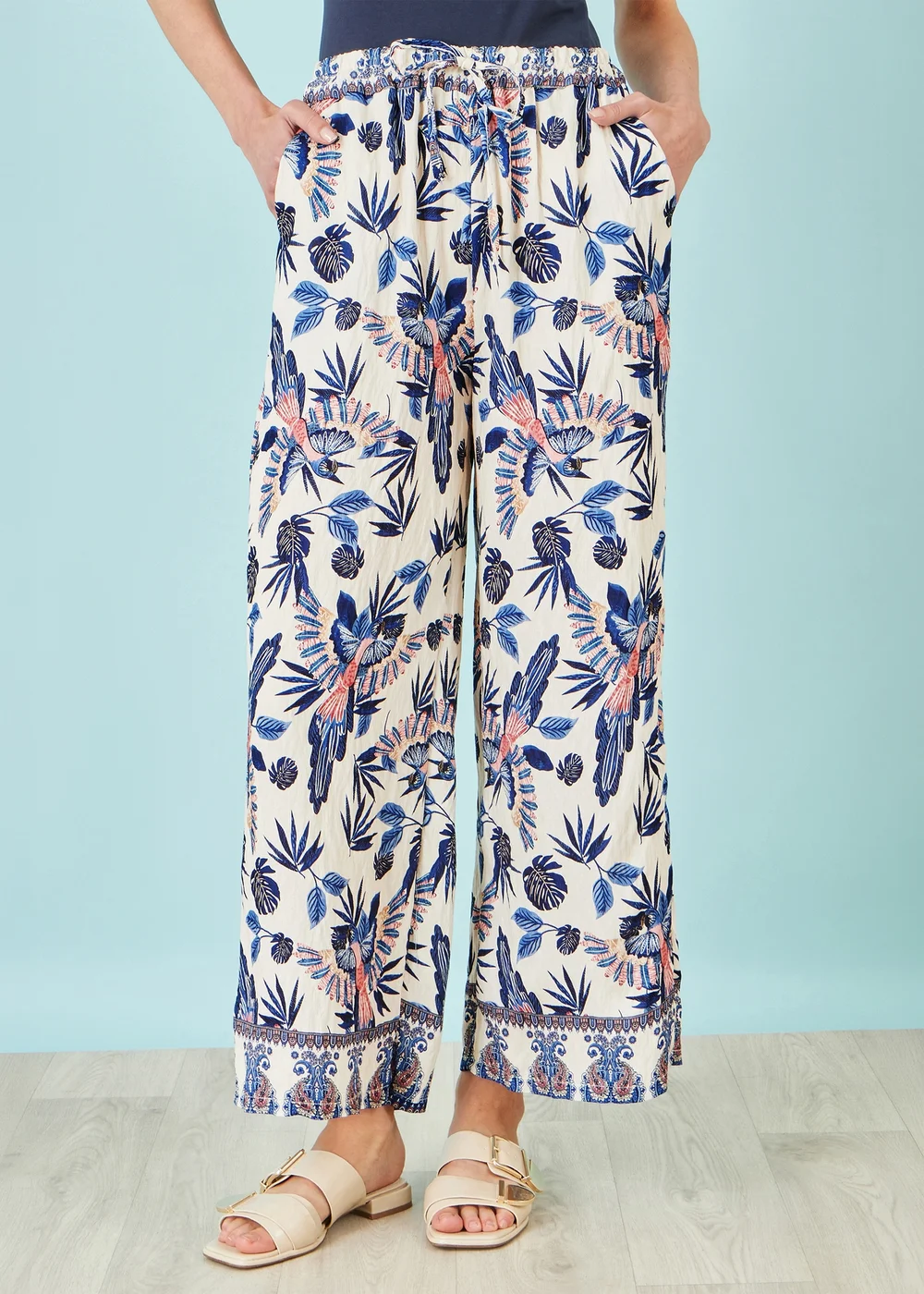 Yumi Blue Bird Print Viscose Wide Leg Trousers - M Image 1