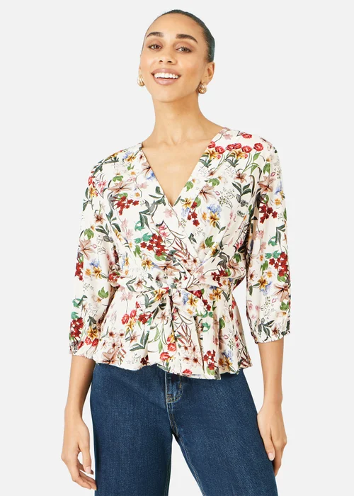 Yumi Ivory Viscose Botanical Print Wrap Top - 12 Image 1