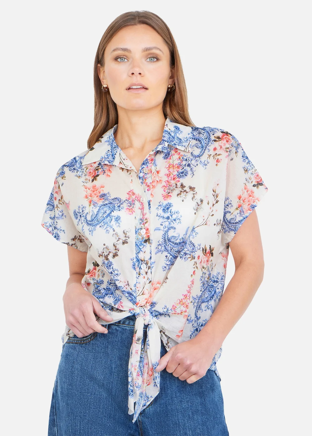 Yumi White Cotton Paisley Print Tie Knot Shirt - 12 Image 1
