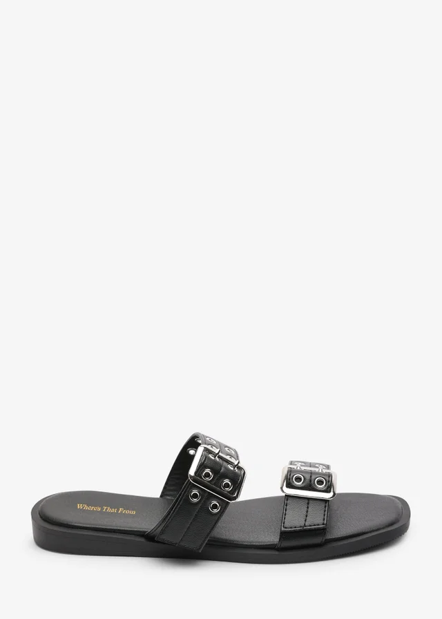 Where's That From Black Orchard Slide On Double Buckle Studded Sandal