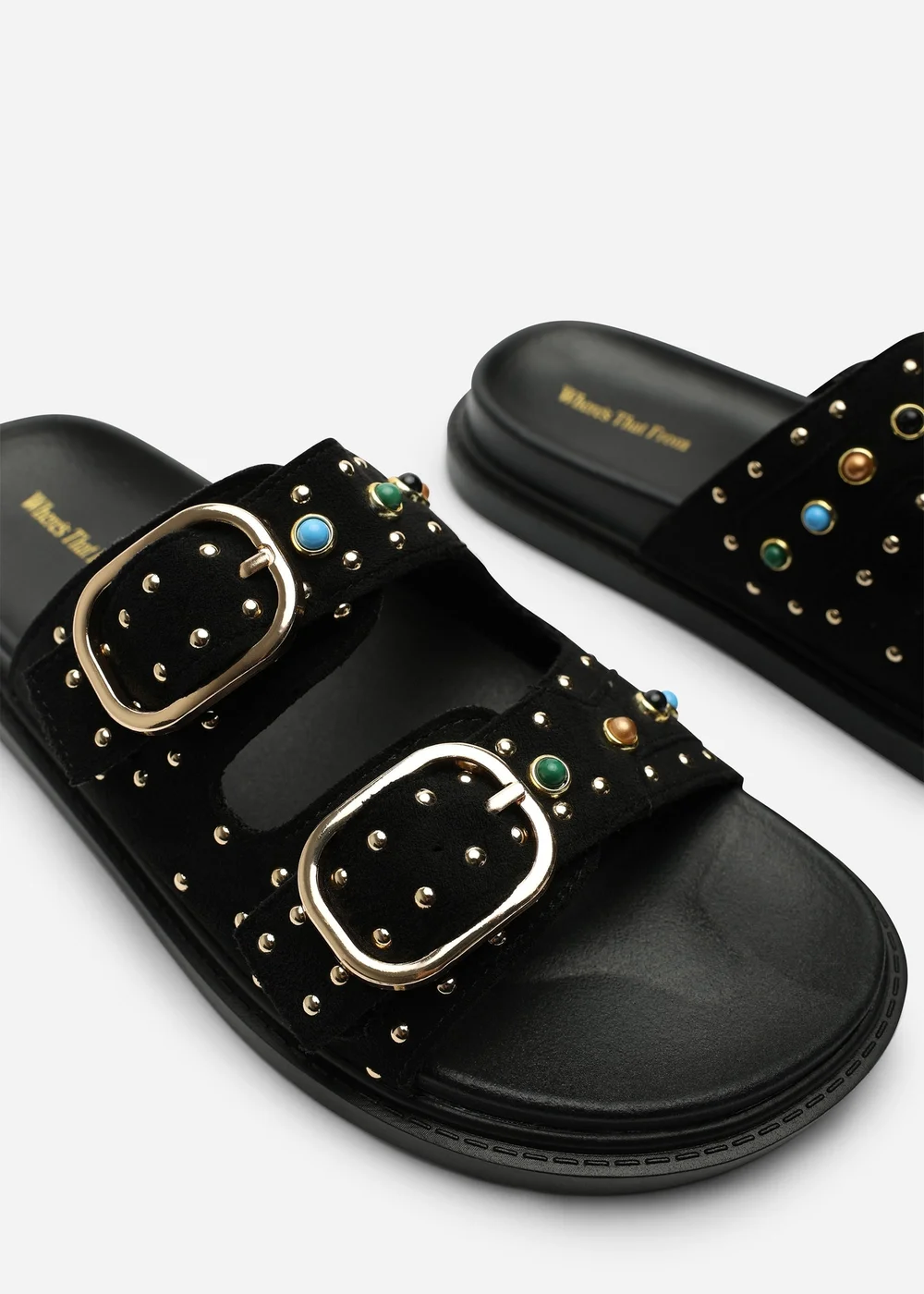 Ceylon Diamante Stud Black Double Buckle Slide On Sandal - 6 Image 4