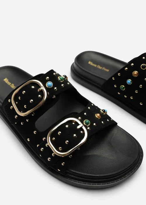 Ceylon Diamante Stud Black Double Buckle Slide On Sandal - 6 Image 4