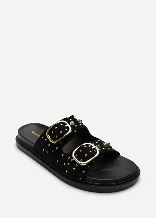 Ceylon Diamante Stud Black Double Buckle Slide On Sandal - 6 Image 2