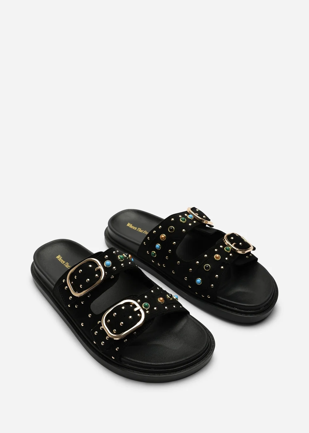 Ceylon Diamante Stud Black Double Buckle Slide On Sandal - 6 Image 3