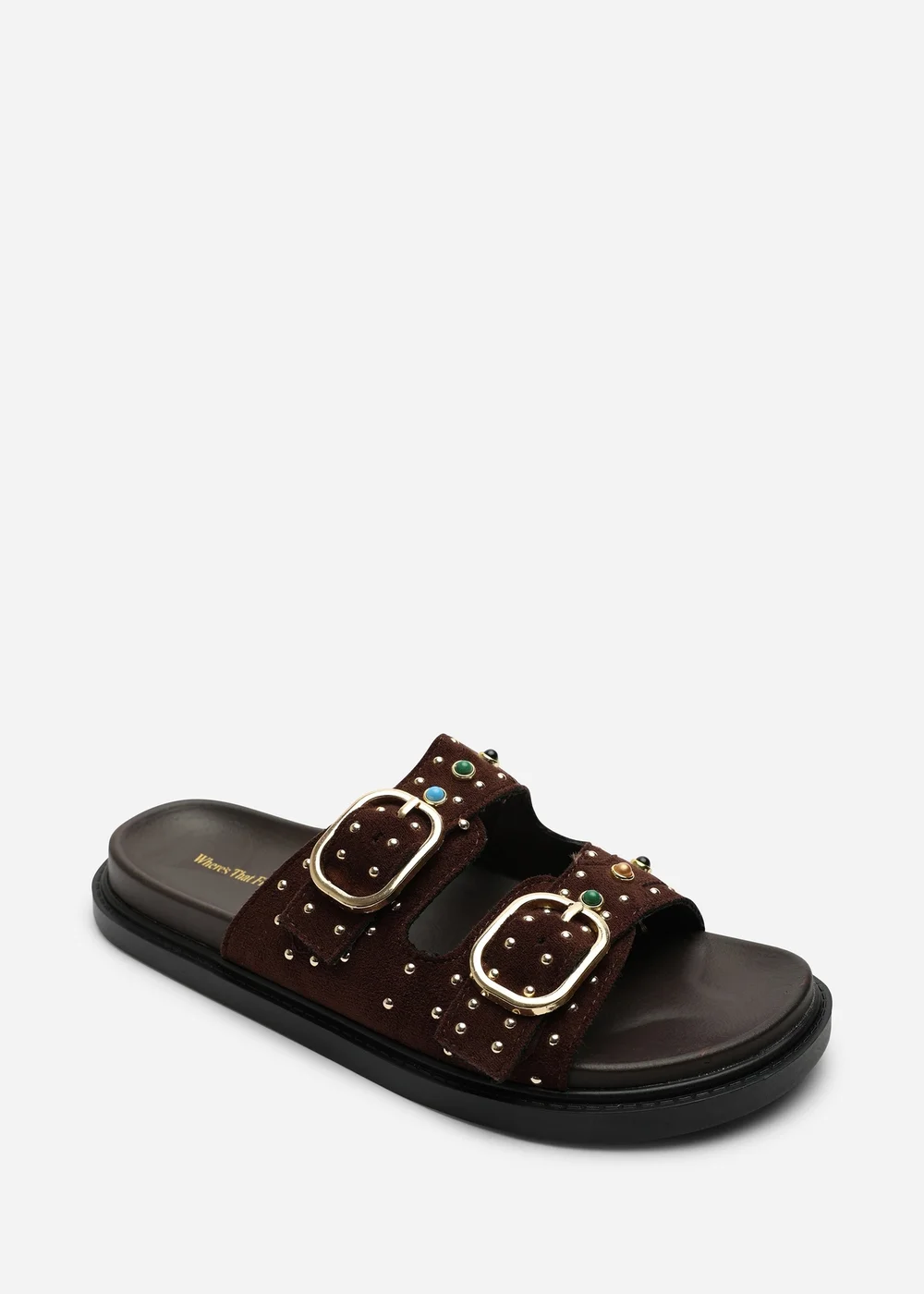 Ceylon Diamante Stud Dark Brown Double Buckle Slide On Sandal - 6 Image 4