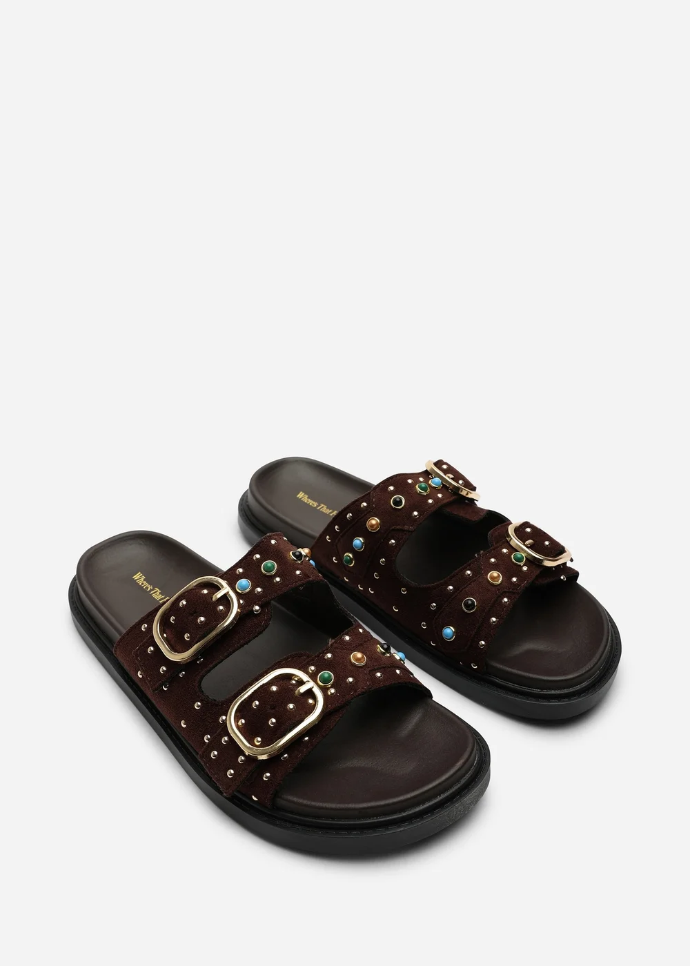 Ceylon Diamante Stud Dark Brown Double Buckle Slide On Sandal - 6 Image 5