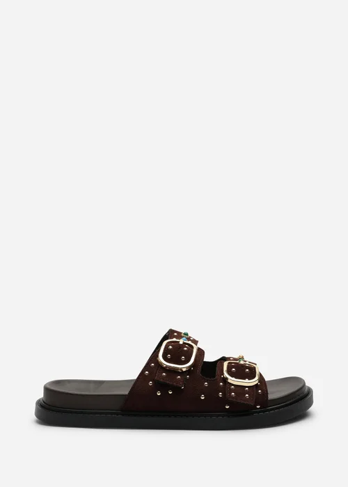 Ceylon Diamante Stud Dark Brown Double Buckle Slide On Sandal - 6 Image 3