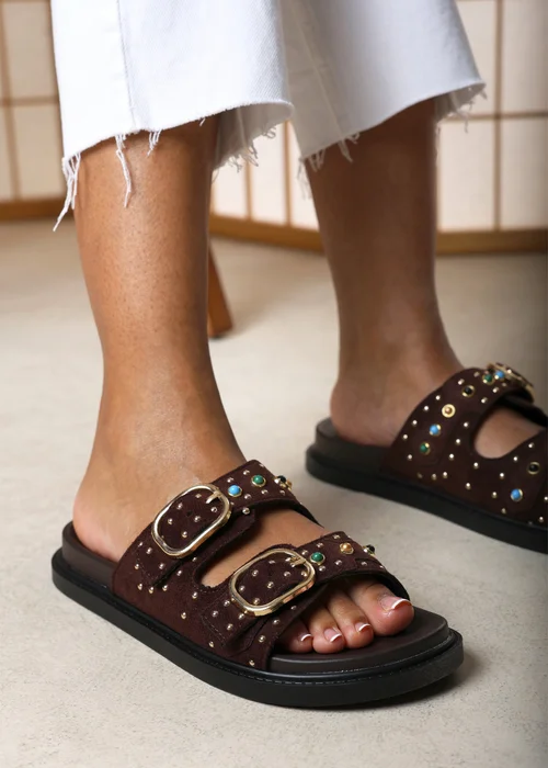 Ceylon Diamante Stud Dark Brown Double Buckle Slide On Sandal - 6 Image 2