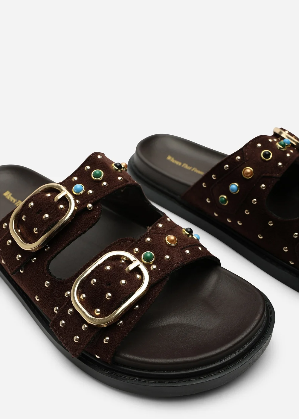 Ceylon Diamante Stud Dark Brown Double Buckle Slide On Sandal - 6 Image 6