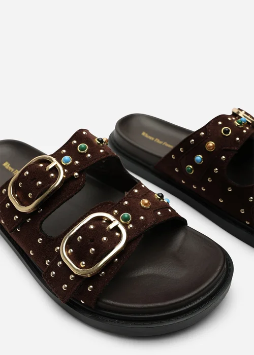 Ceylon Diamante Stud Dark Brown Double Buckle Slide On Sandal - 6 Image 6
