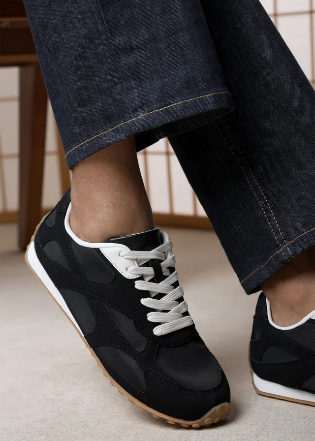 Where's That From Marleigh Black Faux Suede Retro Runner Trainer