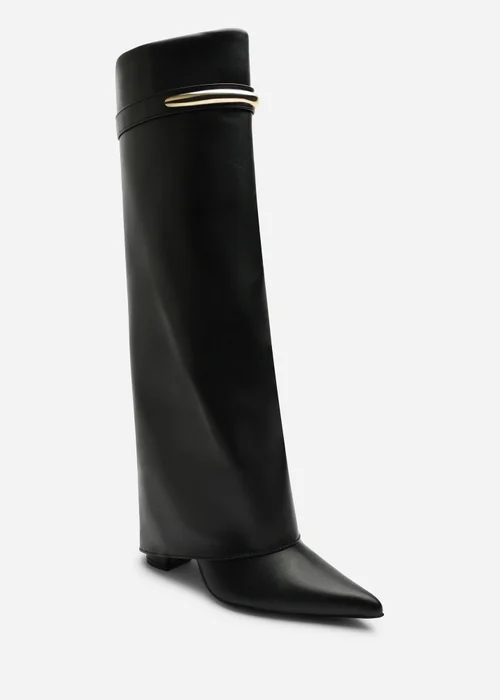 Where's That From Nareva Black Fold Over Shark Block Heel Point Toe Boots With Trim Detail - 5 Image 4