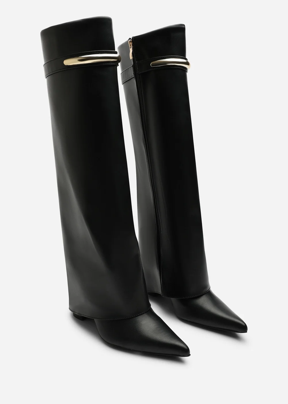 Where's That From Nareva Black Fold Over Shark Block Heel Point Toe Boots With Trim Detail - 5 Image 5