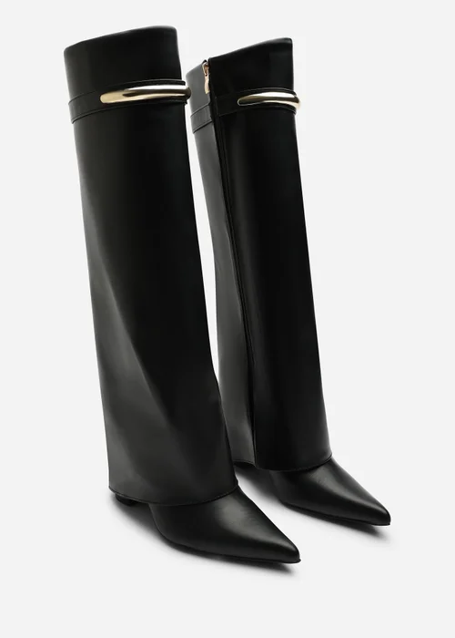 Where's That From Nareva Black Fold Over Shark Block Heel Point Toe Boots With Trim Detail - 5 Image 5