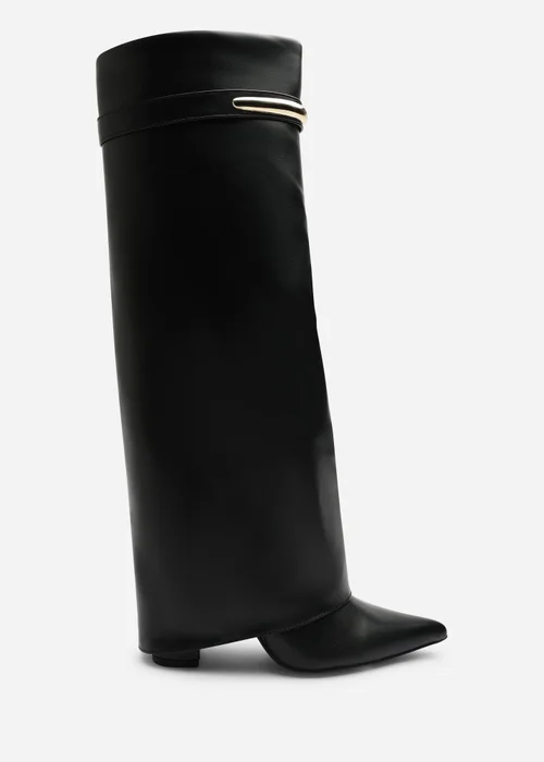 Where's That From Nareva Black Fold Over Shark Block Heel Point Toe Boots With Trim Detail - 5 Image 3