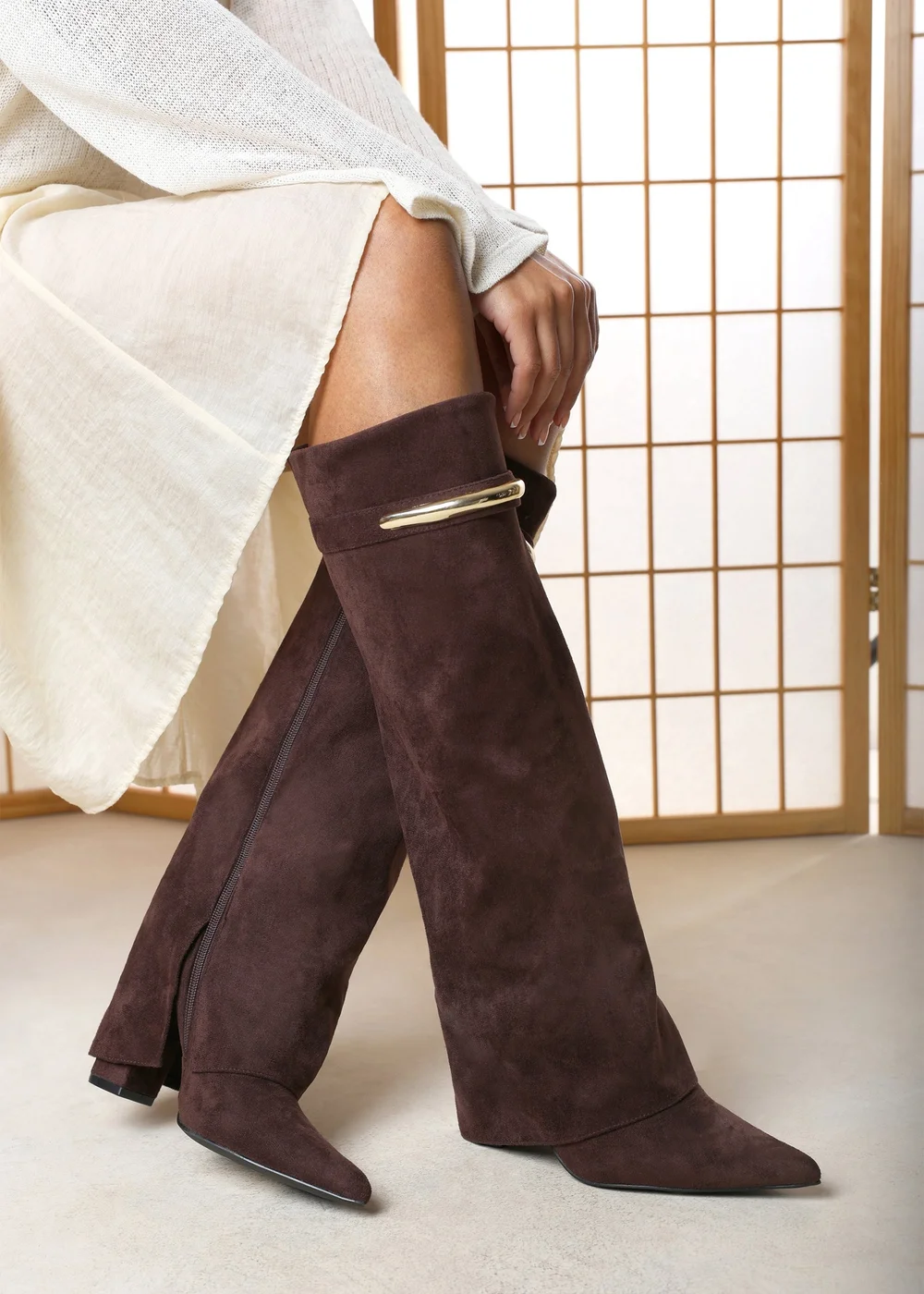 Where's That From Nareva Dark Brown Fold Over Shark Block Heel Point Toe Boots With Trim Detail - 4 Image 2