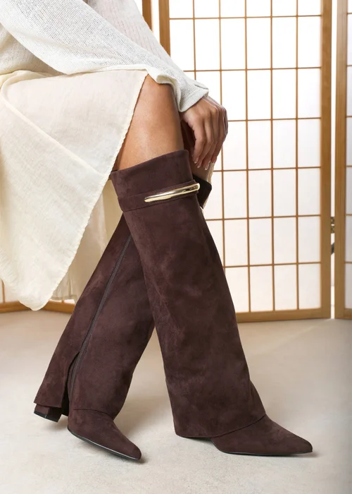 Where's That From Nareva Dark Brown Fold Over Shark Block Heel Point Toe Boots With Trim Detail - 4 Image 2
