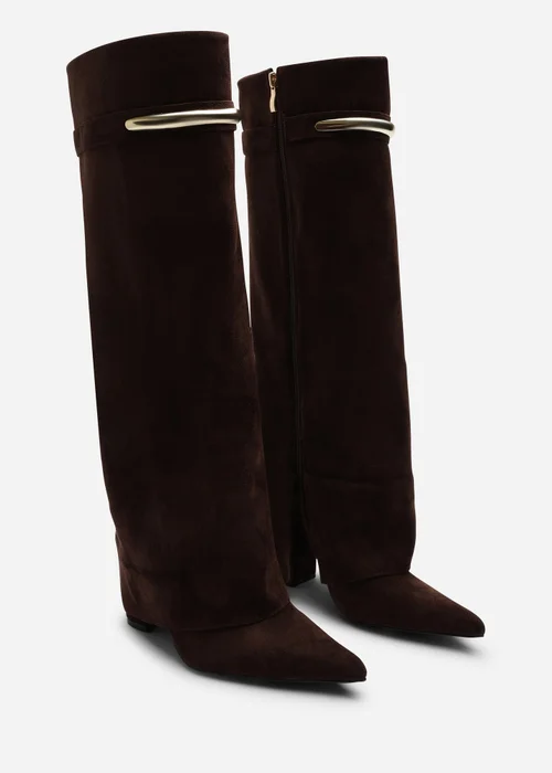 Where's That From Nareva Dark Brown Fold Over Shark Block Heel Point Toe Boots With Trim Detail - 4 Image 5