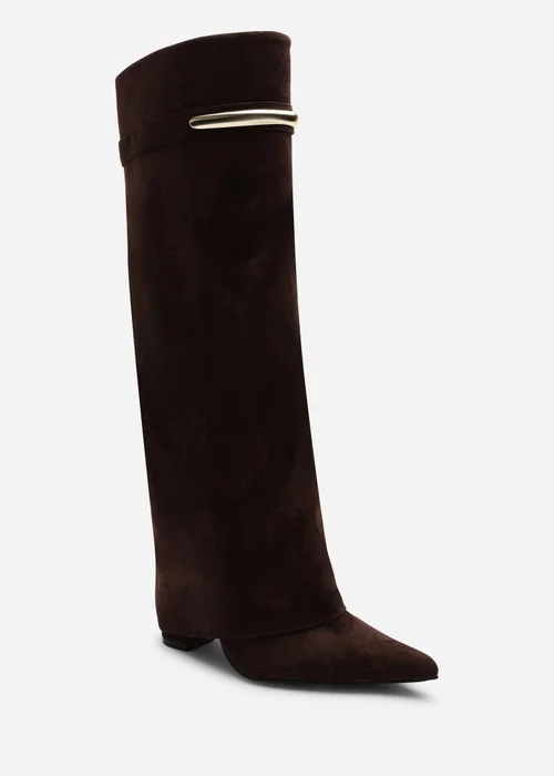 Where's That From Nareva Dark Brown Fold Over Shark Block Heel Point Toe Boots With Trim Detail - 4 Image 4