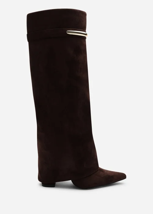 Where's That From Nareva Dark Brown Fold Over Shark Block Heel Point Toe Boots With Trim Detail - 4 Image 3