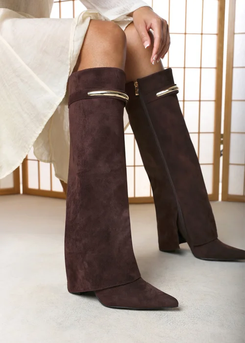 Where's That From Nareva Dark Brown Fold Over Shark Block Heel Point Toe Boots With Trim Detail - 4 Image 1