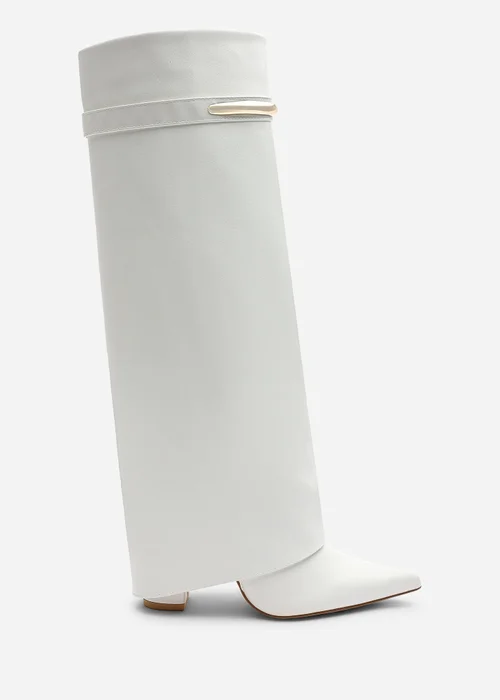 Where's That From Nareva White Fold Over Shark Block Heel Point Toe Boots With Trim Detail - 3 Image 3