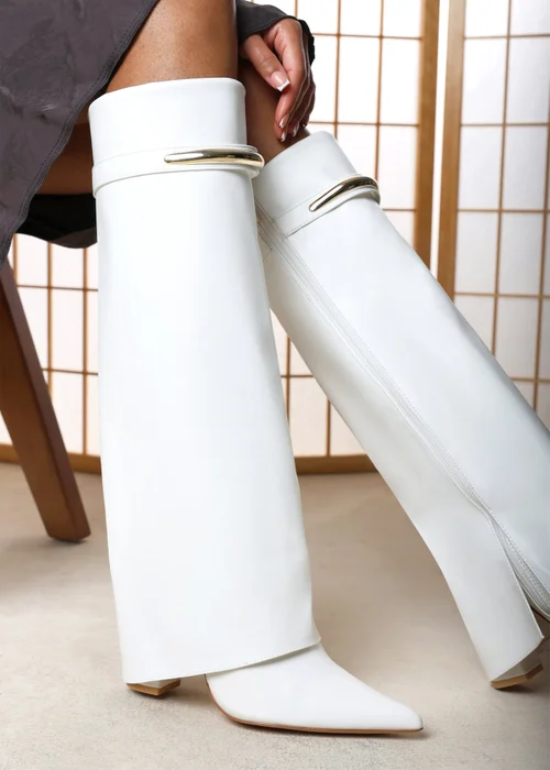 Where's That From Nareva White Fold Over Shark Block Heel Point Toe Boots With Trim Detail - 3 Image 2