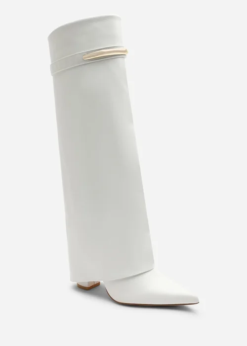 Where's That From Nareva White Fold Over Shark Block Heel Point Toe Boots With Trim Detail - 3 Image 4