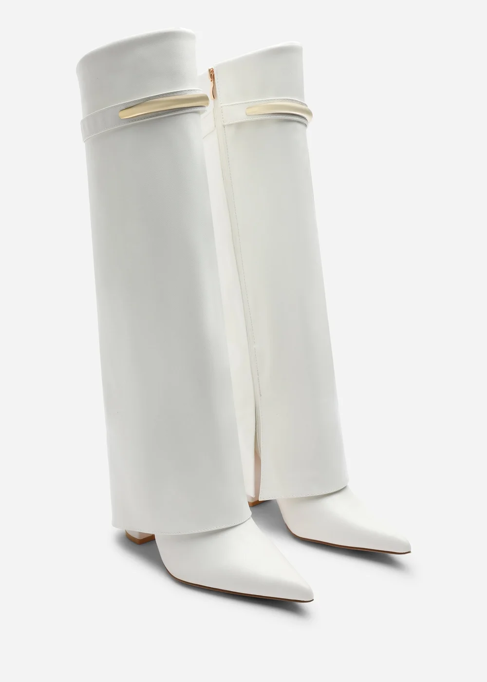 Where's That From Nareva White Fold Over Shark Block Heel Point Toe Boots With Trim Detail - 3 Image 5